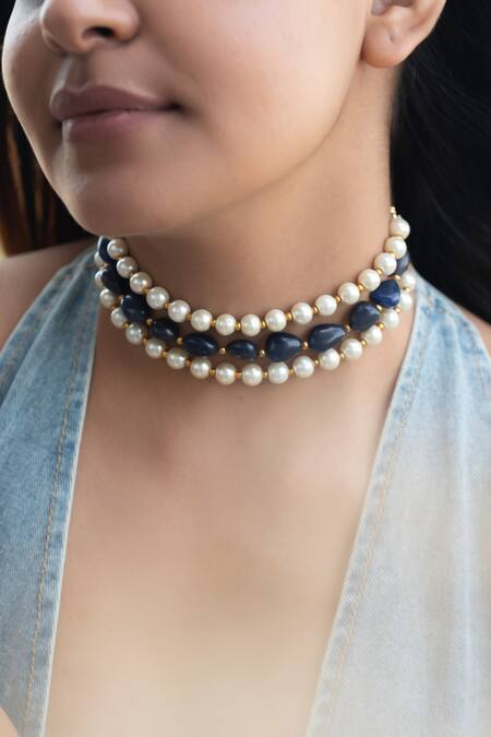 Do Taara Blue Natural Stone Pearl Choker Online at Aza Fashions Do Taara_Blue Natural Stone Pearl Choker _Online_at_Aza_Fashions