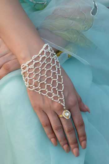 Do Taara_White Pearls, Kundan, Natural Stones Jaal Embellished Hathphool_Online_at_Aza_Fashions