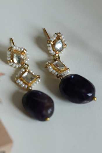 Do Taara_Purple Pearls, Stones Kundan Embellished Drop Earrings _Online_at_Aza_Fashions