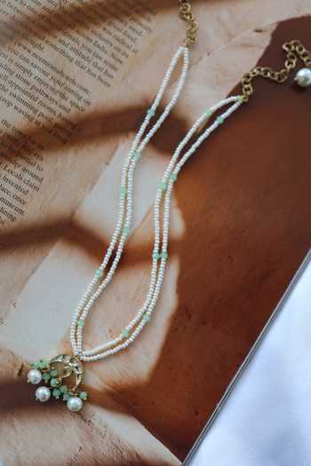 Shop Do Taara Green Embossed Bead Pearl Necklace at Aza Fashions Shop_Do Taara_Green Embossed Bead Pearl Necklace _at_Aza_Fashions