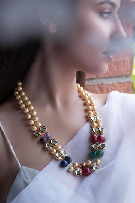Do Taara Multi Color Natural Stones Kundan Bead Embellished Pearl Necklace 