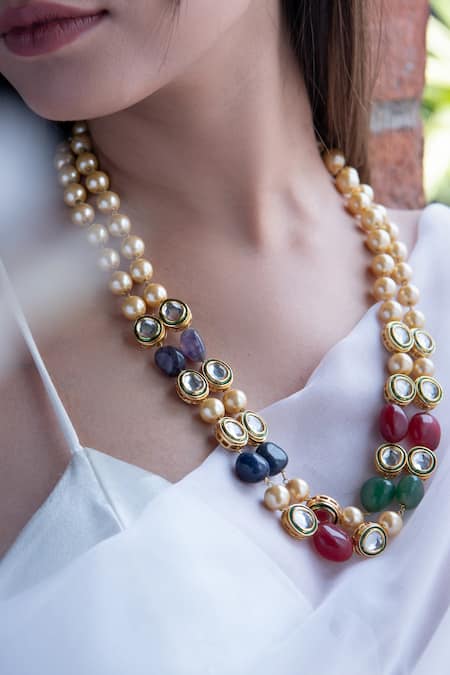Do Taara_Multi Color Kundan Bead Embellished Pearl Necklace _Online_at_Aza_Fashions
