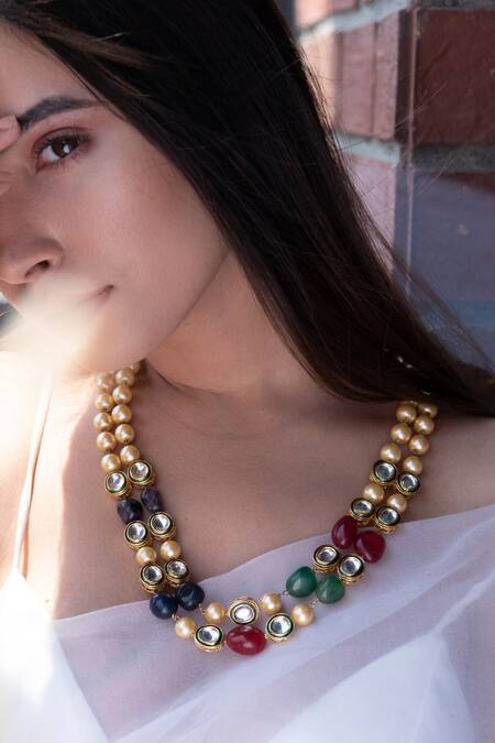 Buy_Do Taara_Multi Color Kundan Bead Embellished Pearl Necklace _Online_at_Aza_Fashions