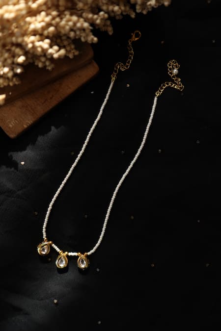 Shop Do Taara Gold Plated Teardrop Kundan Pearl Necklace at Aza Fashions Shop_Do Taara_Gold Plated Teardrop Kundan Pearl Necklace _at_Aza_Fashions