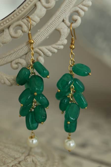 Shop_Do Taara_Green Pearls, Stones Natural Cluster Dangler Earrings _at_Aza_Fashions
