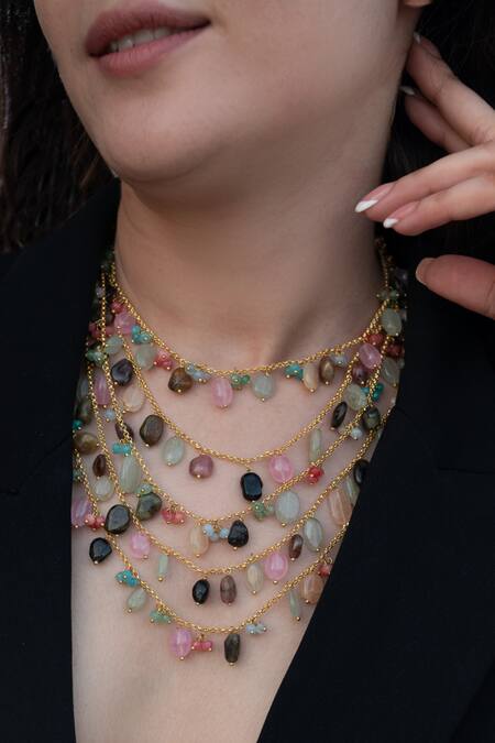 Do Taara_Multi Color Natural Stones Layered Embellished Necklace_Online_at_Aza_Fashions