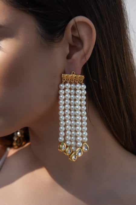 Do Taara_White Pearls Misty Tassel Dangler Earrings _Online_at_Aza_Fashions