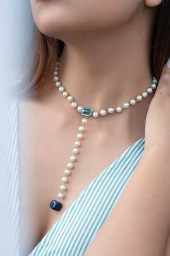 Shop Do Taara Blue Natural Stone And Crystal Embellished Pearl Necklace Online at Aza Fashions Shop_Do Taara_Blue Natural Stone And Crystal Embellished Pearl Necklace _Online_at_Aza_Fashions