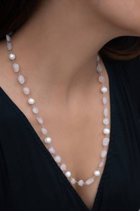 Buy_Do Taara_Pink Natural Stone And Pearl Embellished Necklace _Online_at_Aza_Fashions