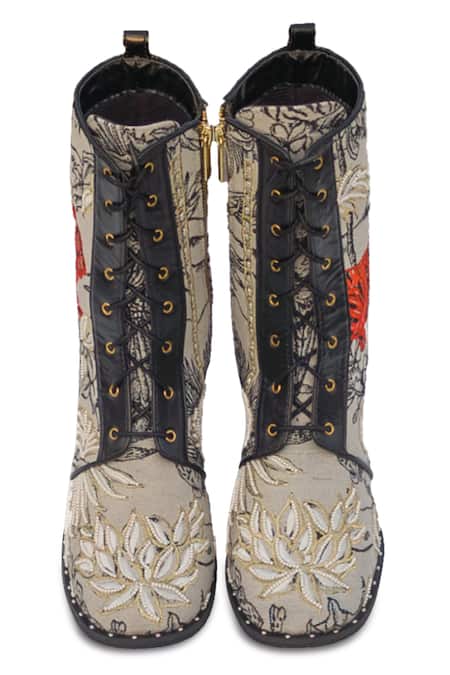 Sole House Black Sequins, Beads Wild Side Jungle Woven Boots Online at Aza Fashions Sole House_Black Sequins, Beads Wild Side Jungle Woven Boots _Online_at_Aza_Fashions