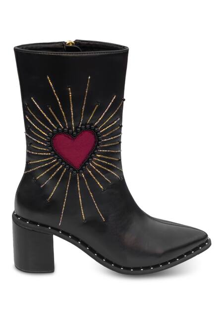 Shop Sole House Red Bead Heart Me Not Embroidered Boots Online at Aza Fashions Shop_Sole House_Red Bead Heart Me Not Embroidered Boots _Online_at_Aza_Fashions