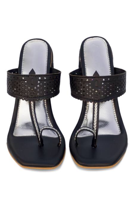Shop Sole House Black Cutwork Strap Kolhapuri Block Heels at Aza Fashions Shop_Sole House_Black Cutwork Strap Kolhapuri Block Heels_at_Aza_Fashions