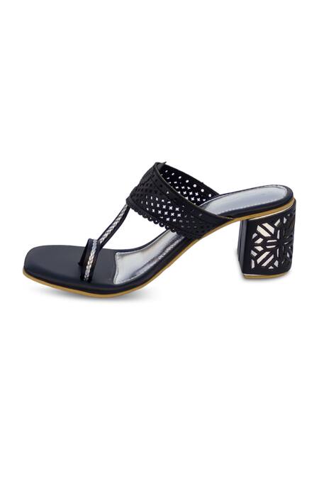Sole House Black Cutwork Strap Kolhapuri Block Heels Online at Aza Fashions Sole House_Black Cutwork Strap Kolhapuri Block Heels_Online_at_Aza_Fashions