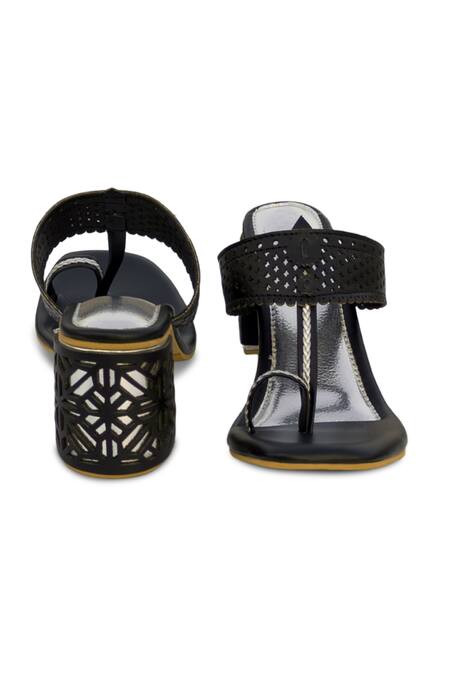 Buy Sole House Black Cutwork Strap Kolhapuri Block Heels Online at Aza Fashions Buy_Sole House_Black Cutwork Strap Kolhapuri Block Heels_Online_at_Aza_Fashions