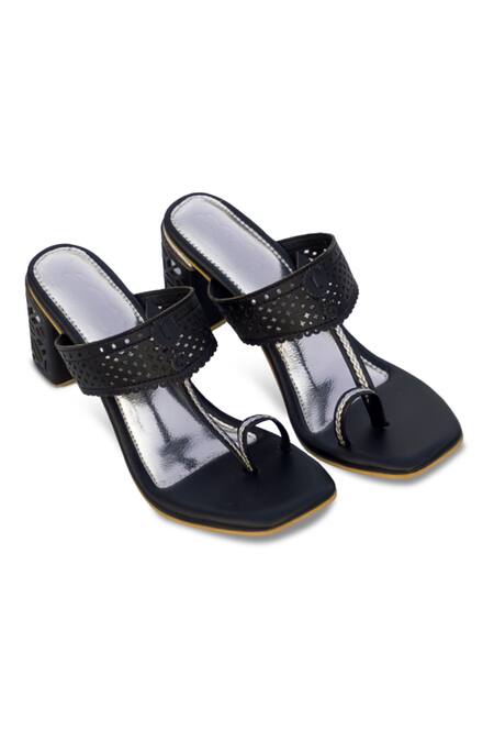 Shop Sole House Black Cutwork Strap Kolhapuri Block Heels Online at Aza Fashions Shop_Sole House_Black Cutwork Strap Kolhapuri Block Heels_Online_at_Aza_Fashions