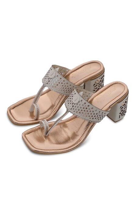 Sole House_Rose Gold Cutwork Kolhapuri Block Heels _Online_at_Aza_Fashions
