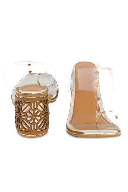 Sole House Gold Studs Magic Cutwork Bordered Kolhapuri Block Heels Online at Aza Fashions Sole House_Gold Studs Magic Cutwork Bordered Kolhapuri Block Heels _Online_at_Aza_Fashions