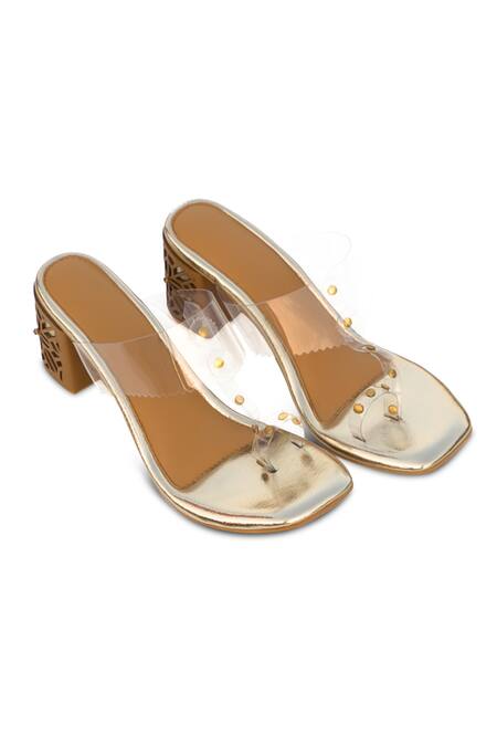 Buy Sole House Gold Studs Magic Cutwork Bordered Kolhapuri Block Heels Online at Aza Fashions Buy_Sole House_Gold Studs Magic Cutwork Bordered Kolhapuri Block Heels _Online_at_Aza_Fashions