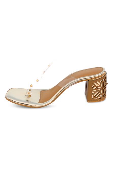 Shop Sole House Gold Studs Magic Cutwork Bordered Kolhapuri Block Heels Online at Aza Fashions Shop_Sole House_Gold Studs Magic Cutwork Bordered Kolhapuri Block Heels _Online_at_Aza_Fashions