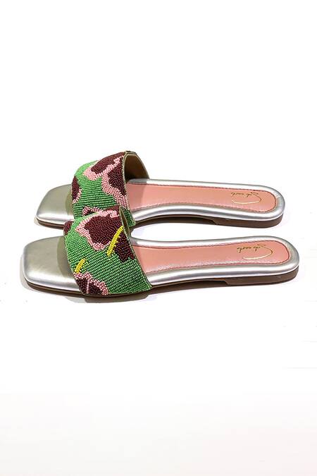Soleart Green Bead Hibiscus Flower Sliders Online at Aza Fashions Soleart_Green Bead Hibiscus Flower Sliders_Online_at_Aza_Fashions