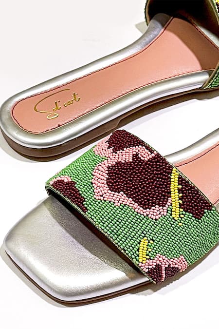 Shop Soleart Green Bead Hibiscus Flower Sliders Online at Aza Fashions Shop_Soleart_Green Bead Hibiscus Flower Sliders_Online_at_Aza_Fashions