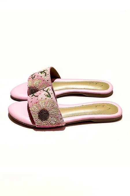 Soleart Pink Bead Enchanted Bloom Embroidered Sliders Online at Aza Fashions Soleart_Pink Bead Enchanted Bloom Embroidered Sliders_Online_at_Aza_Fashions