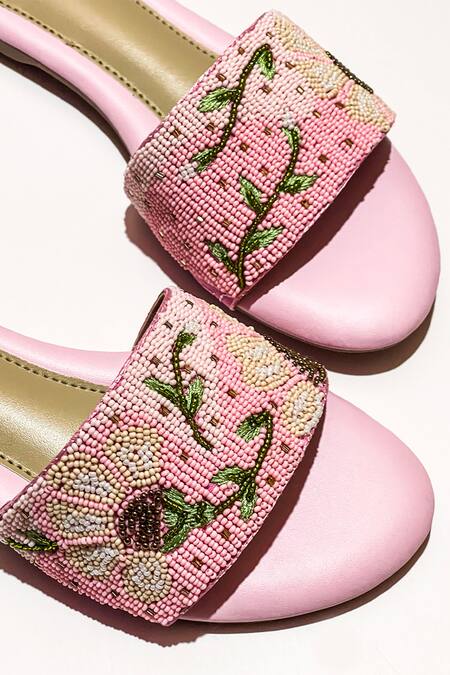 Buy Soleart Pink Bead Enchanted Bloom Embroidered Sliders Online at Aza Fashions Buy_Soleart_Pink Bead Enchanted Bloom Embroidered Sliders_Online_at_Aza_Fashions