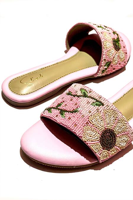 Shop Soleart Pink Bead Enchanted Bloom Embroidered Sliders Online at Aza Fashions Shop_Soleart_Pink Bead Enchanted Bloom Embroidered Sliders_Online_at_Aza_Fashions