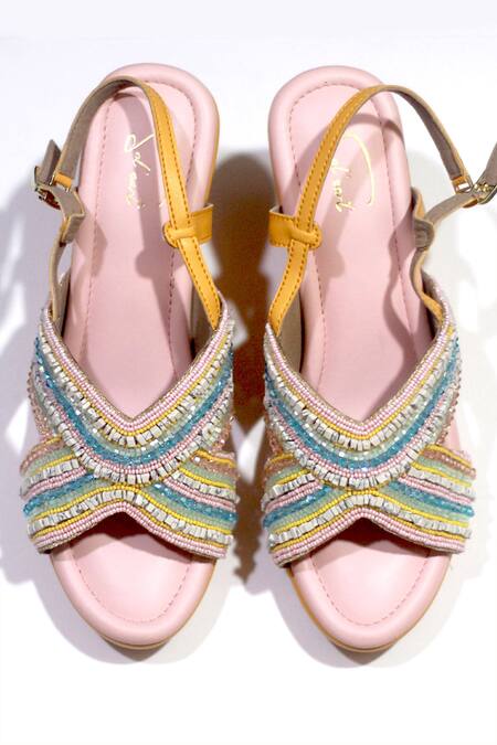 Shop Soleart Orange Bead Embroidered Wedges at Aza Fashions Shop_Soleart_Orange Bead Embroidered Wedges_at_Aza_Fashions
