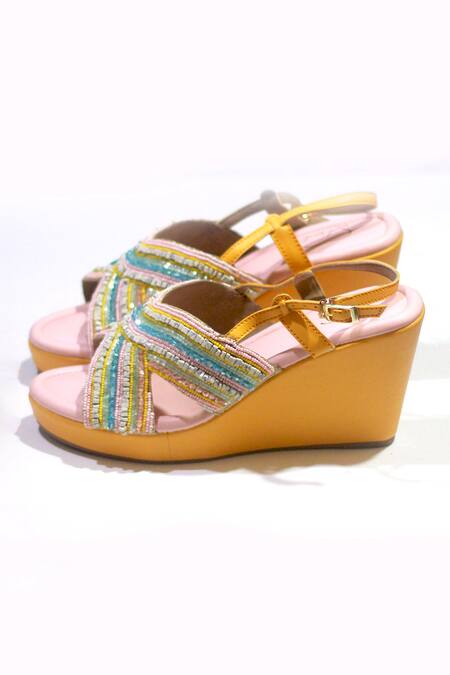 Soleart Orange Bead Embroidered Wedges Online at Aza Fashions Soleart_Orange Bead Embroidered Wedges_Online_at_Aza_Fashions