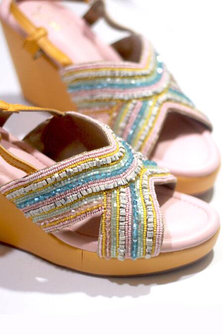 Buy Soleart Orange Bead Embroidered Wedges Online at Aza Fashions Buy_Soleart_Orange Bead Embroidered Wedges_Online_at_Aza_Fashions