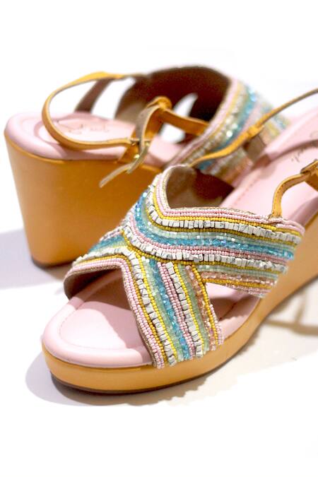 Shop Soleart Orange Bead Embroidered Wedges Online at Aza Fashions Shop_Soleart_Orange Bead Embroidered Wedges_Online_at_Aza_Fashions