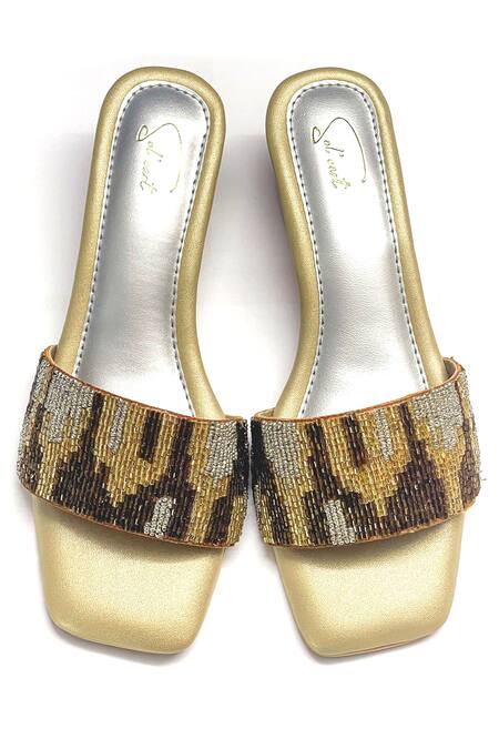 Shop Soleart Gold Bead Bedazzled Embroidered Heels at Aza Fashions Shop_Soleart_Gold Bead Bedazzled Embroidered Heels_at_Aza_Fashions
