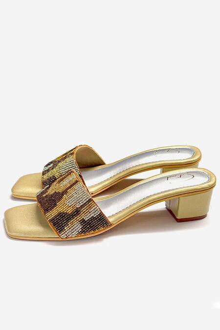 Soleart Gold Bead Bedazzled Embroidered Heels Online at Aza Fashions Soleart_Gold Bead Bedazzled Embroidered Heels_Online_at_Aza_Fashions