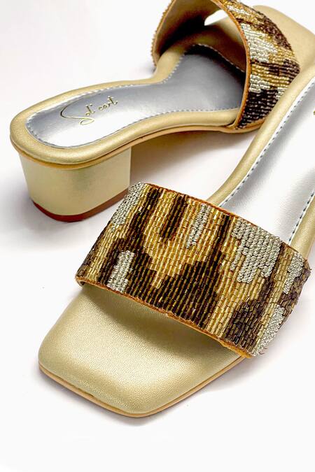 Shop Soleart Gold Bead Bedazzled Embroidered Heels Online at Aza Fashions Shop_Soleart_Gold Bead Bedazzled Embroidered Heels_Online_at_Aza_Fashions