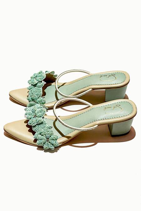 Soleart_Green Bead Island 3d Flower Embroidered Heels_Online_at_Aza_Fashions