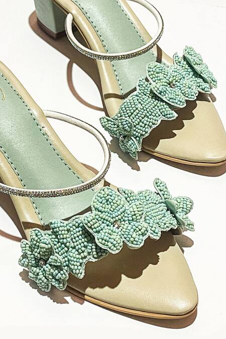 Buy_Soleart_Green Bead Island 3d Flower Embroidered Heels_Online_at_Aza_Fashions