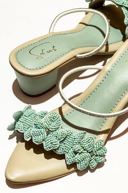 Shop_Soleart_Green Bead Island 3d Flower Embroidered Heels_Online_at_Aza_Fashions