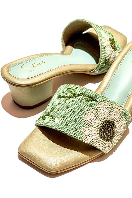 Shop_Soleart_Green Bead Mint Embroidered Heels_Online_at_Aza_Fashions