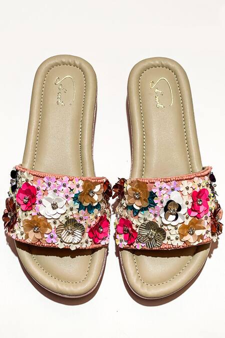 Shop Soleart Multi Color Sequin Birdsong 3d Flower Embroidered Wedges at Aza Fashions Shop_Soleart_Multi Color Sequin Birdsong 3d Flower Embroidered Wedges_at_Aza_Fashions