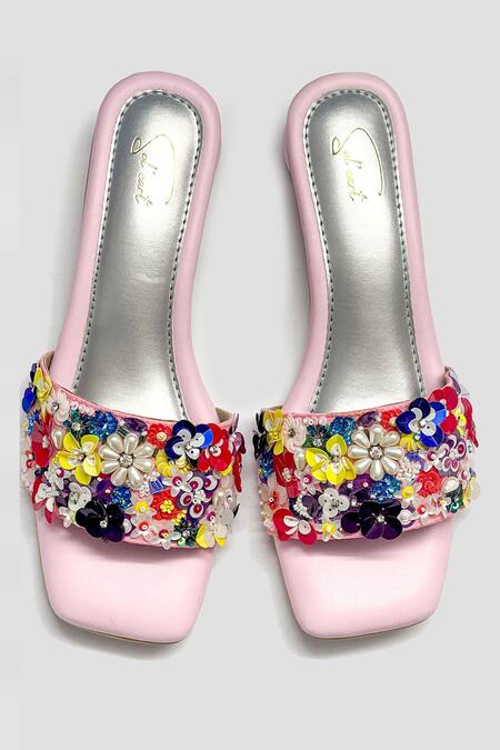 Shop Soleart Multi Color Sequin Petal Parade Pearl Embroidered Rounded Heels at Aza Fashions Shop_Soleart_Multi Color Sequin Petal Parade Pearl Embroidered Rounded Heels_at_Aza_Fashions