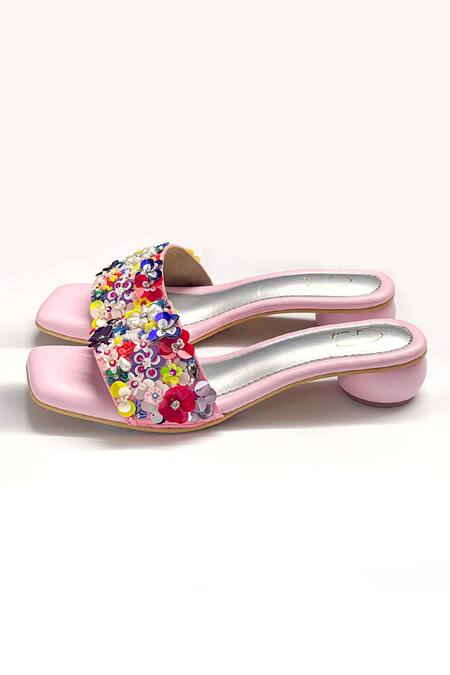 Soleart Multi Color Sequin Petal Parade Pearl Embroidered Rounded Heels Online at Aza Fashions Soleart_Multi Color Sequin Petal Parade Pearl Embroidered Rounded Heels_Online_at_Aza_Fashions