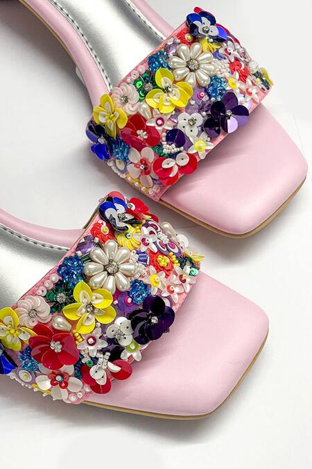 Buy Soleart Multi Color Sequin Petal Parade Pearl Embroidered Rounded Heels Online at Aza Fashions Buy_Soleart_Multi Color Sequin Petal Parade Pearl Embroidered Rounded Heels_Online_at_Aza_Fashions