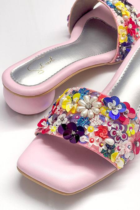 Shop Soleart Multi Color Sequin Petal Parade Pearl Embroidered Rounded Heels Online at Aza Fashions Shop_Soleart_Multi Color Sequin Petal Parade Pearl Embroidered Rounded Heels_Online_at_Aza_Fashions