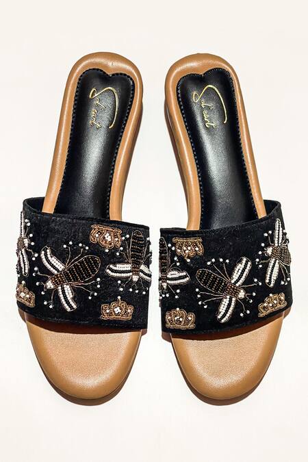 Shop Soleart Black Bead Bees And Crowns Embroidered Rounded Heels at Aza Fashions Shop_Soleart_Black Bead Bees And Crowns Embroidered Rounded Heels_at_Aza_Fashions