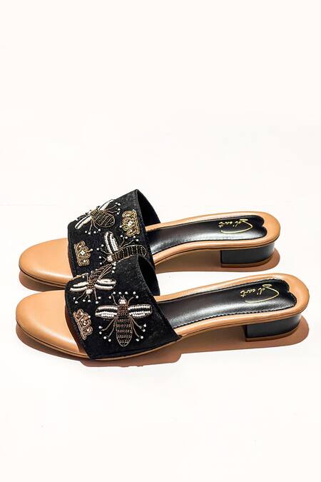 Soleart Black Bead Bees And Crowns Embroidered Rounded Heels Online at Aza Fashions Soleart_Black Bead Bees And Crowns Embroidered Rounded Heels_Online_at_Aza_Fashions
