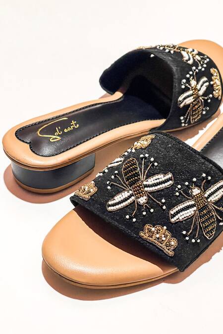 Shop Soleart Black Bead Bees And Crowns Embroidered Rounded Heels Online at Aza Fashions Shop_Soleart_Black Bead Bees And Crowns Embroidered Rounded Heels_Online_at_Aza_Fashions