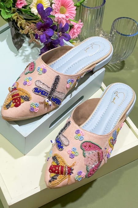 Soleart Peach Bead Bug Embroidered Mules