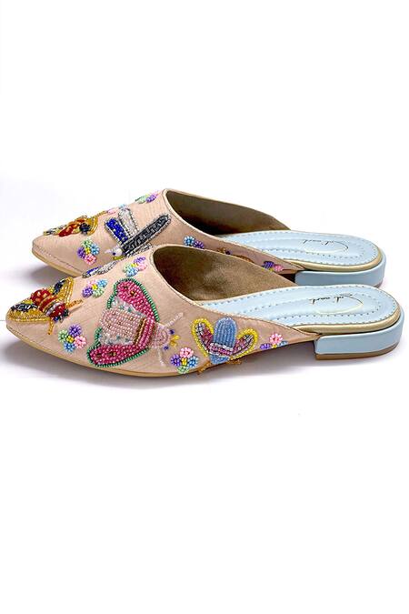 Soleart_Peach Bead Embroidered Mules_Online_at_Aza_Fashions