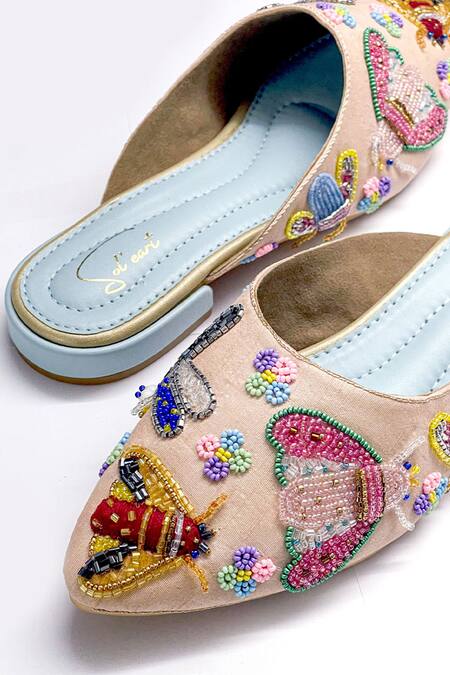Shop_Soleart_Peach Bead Embroidered Mules_Online_at_Aza_Fashions